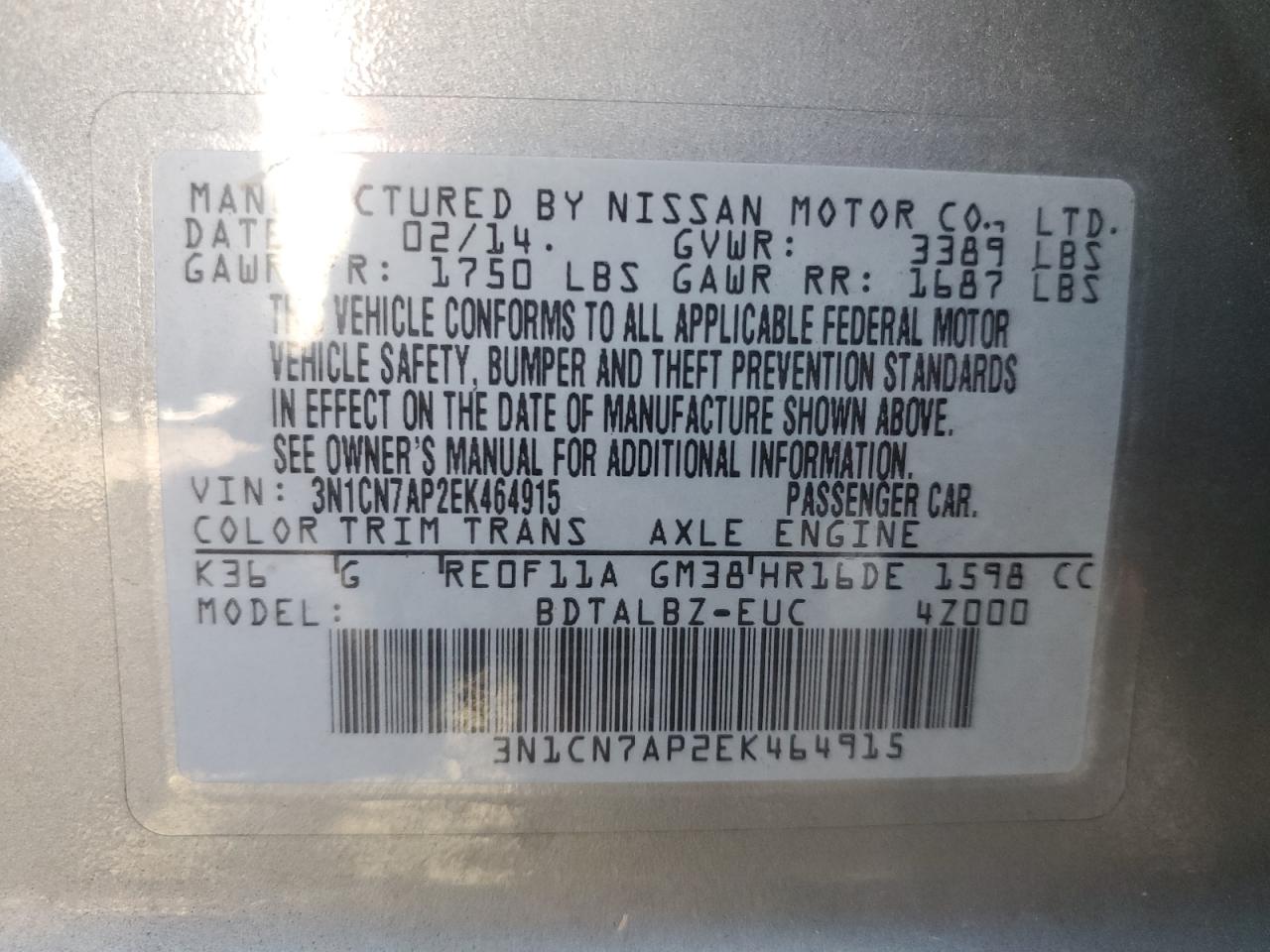 3N1CN7AP2EK464915 2014 Nissan Versa S