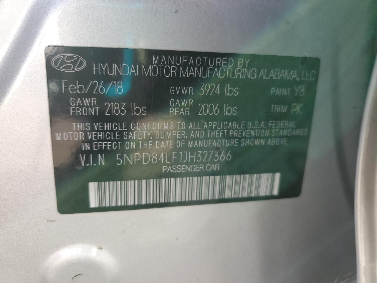 5NPD84LF1JH327366 2018 Hyundai Elantra Sel