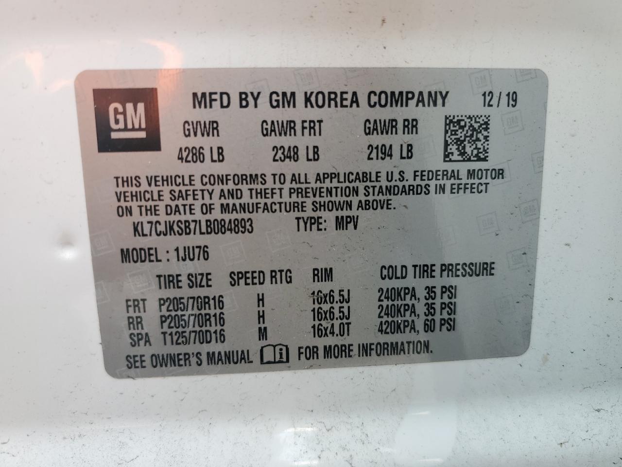 KL7CJKSB7LB084893 2020 Chevrolet Trax Ls