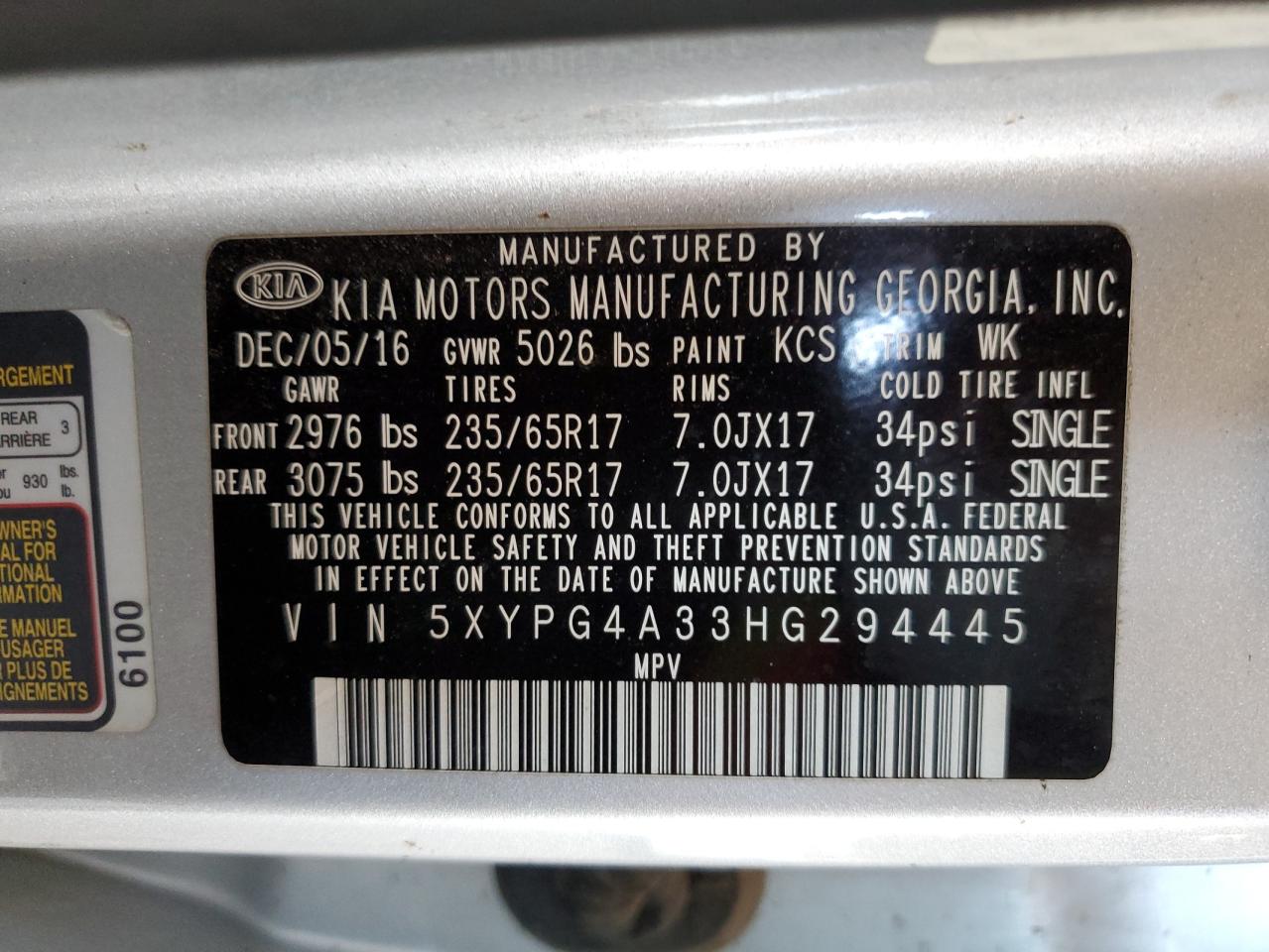 5XYPG4A33HG294445 2017 Kia Sorento Lx