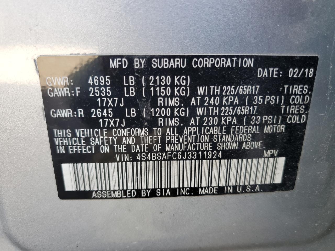 4S4BSAFC6J3311924 2018 Subaru Outback 2.5I Premium