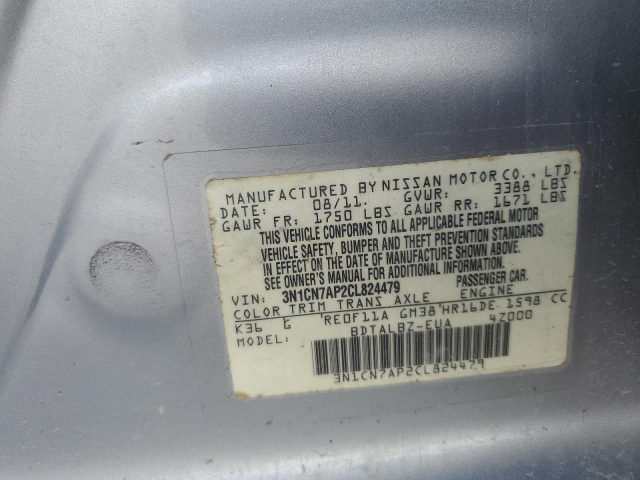 2012 Nissan Versa S VIN: 3N1CN7AP2CL824479 Lot: 71413114