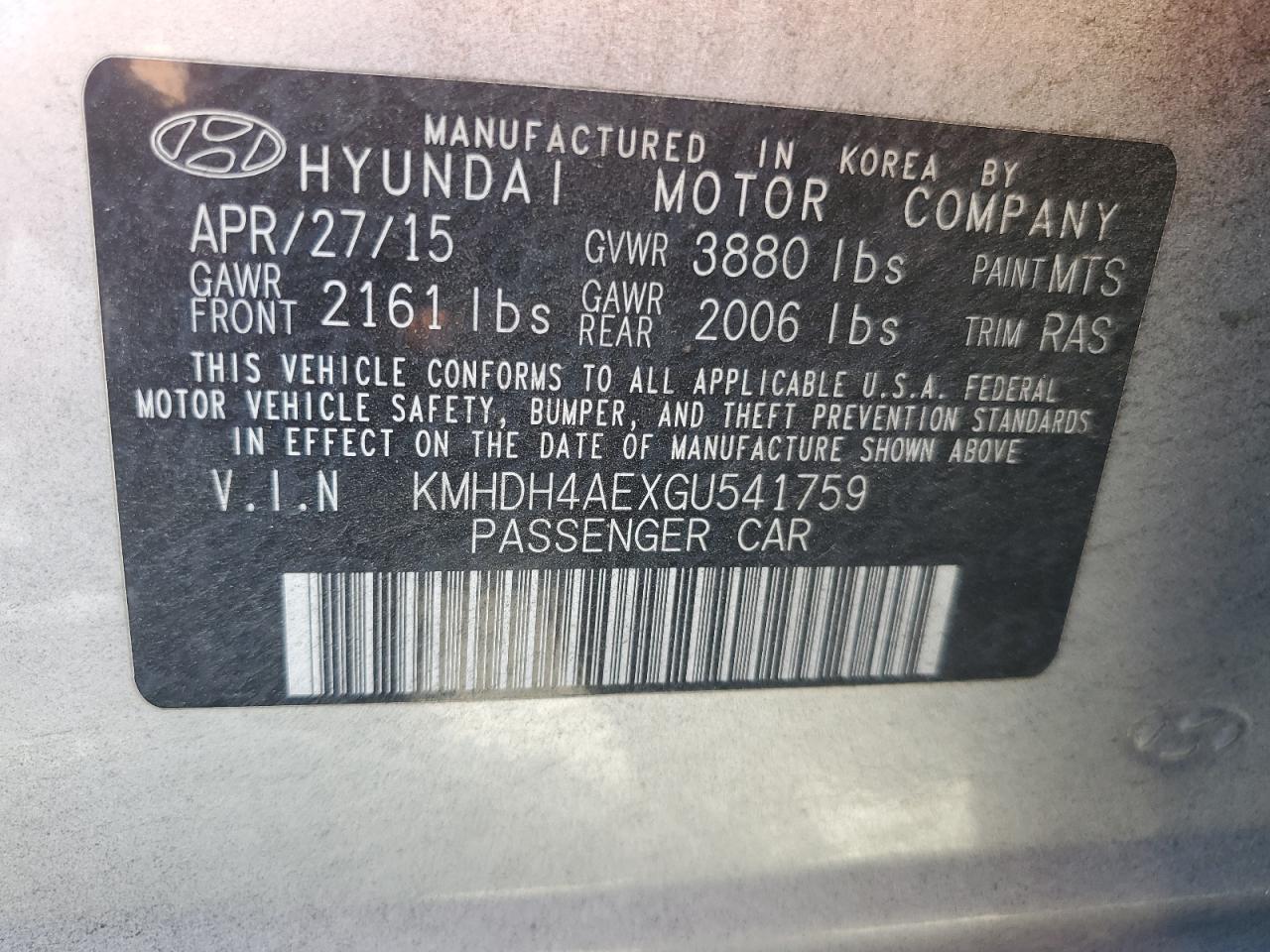 KMHDH4AEXGU541759 2016 Hyundai Elantra Se