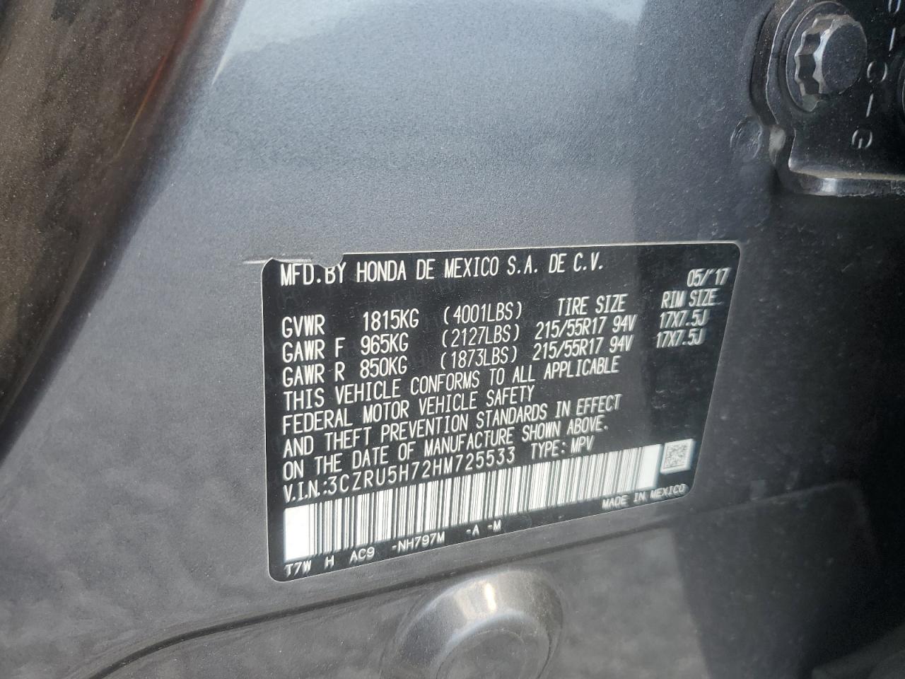 3CZRU5H72HM725533 2017 Honda Hr-V Exl