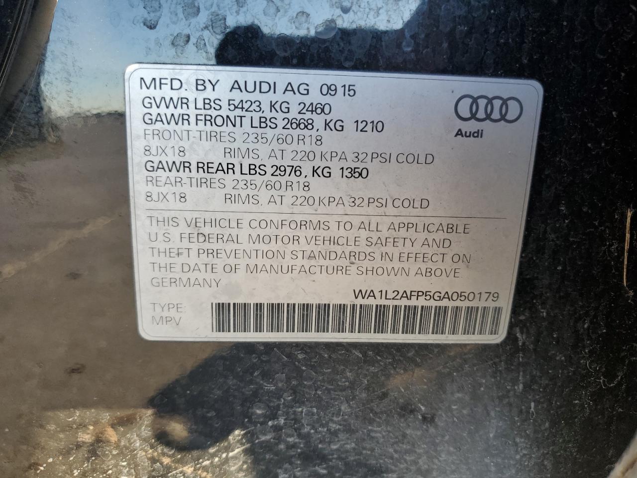 2016 Audi Q5 Premium Plus VIN: WA1L2AFP5GA050179 Lot: 73605514