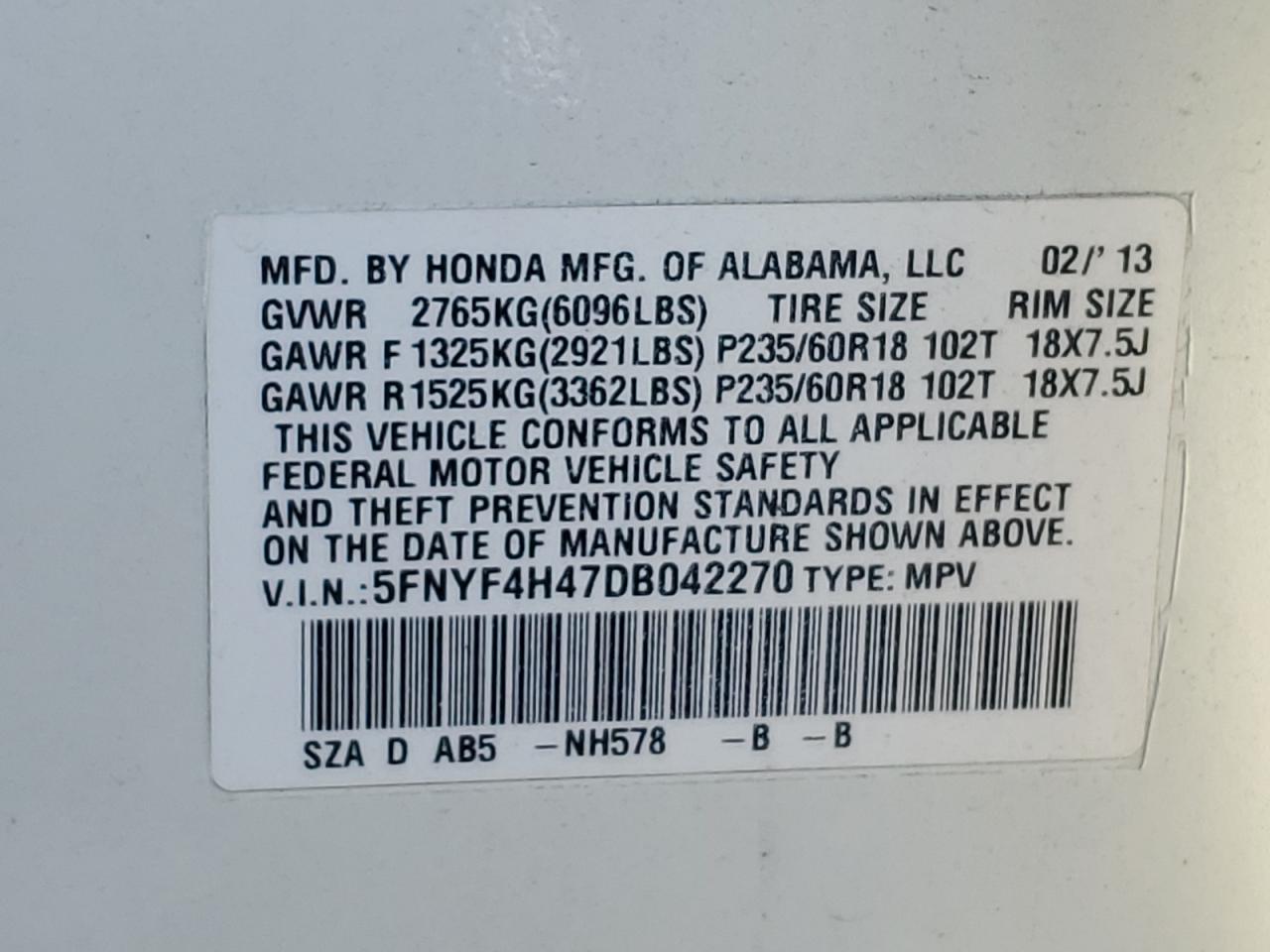 5FNYF4H47DB042270 2013 Honda Pilot Ex