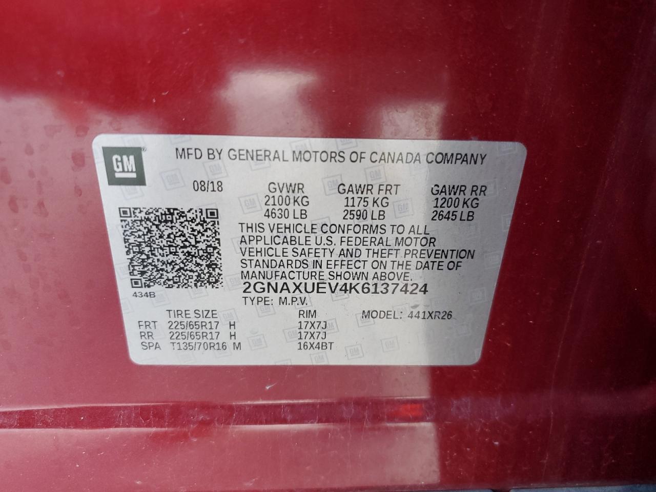 2GNAXUEV4K6137424 2019 Chevrolet Equinox Lt