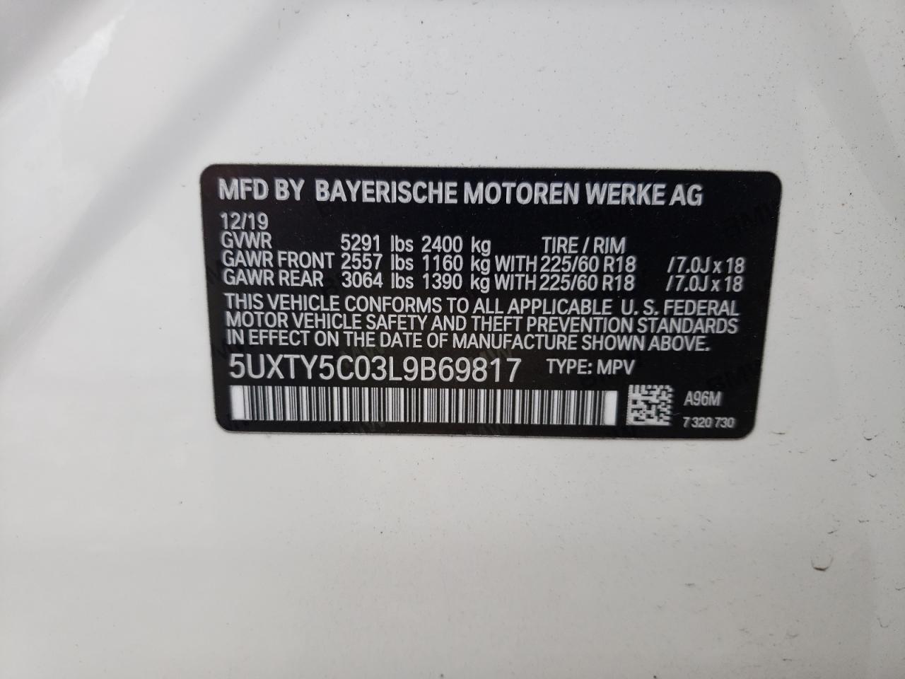 2020 BMW X3 xDrive30I VIN: 5UXTY5C03L9B69817 Lot: 71293774