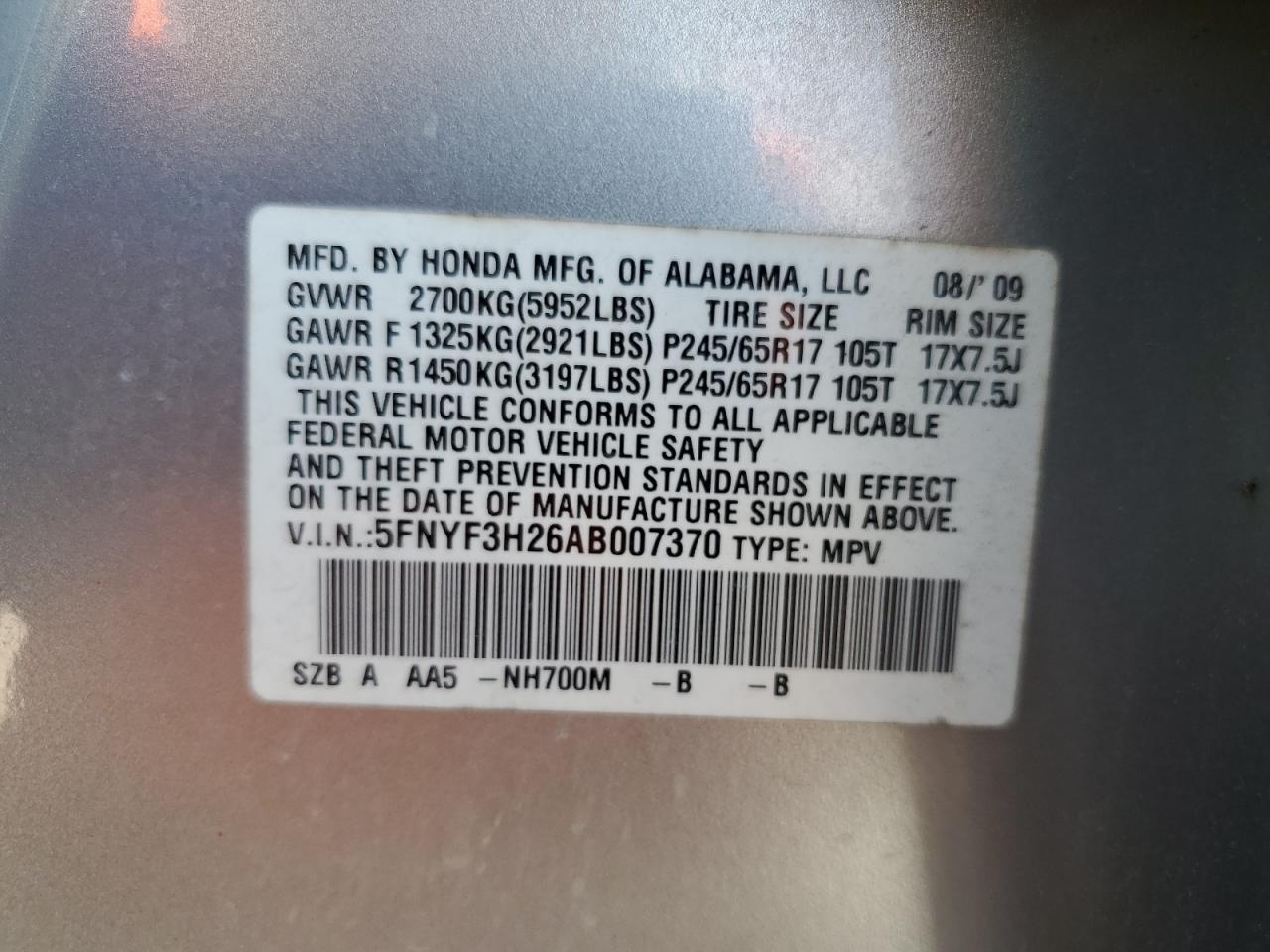 5FNYF3H26AB007370 2010 Honda Pilot Lx