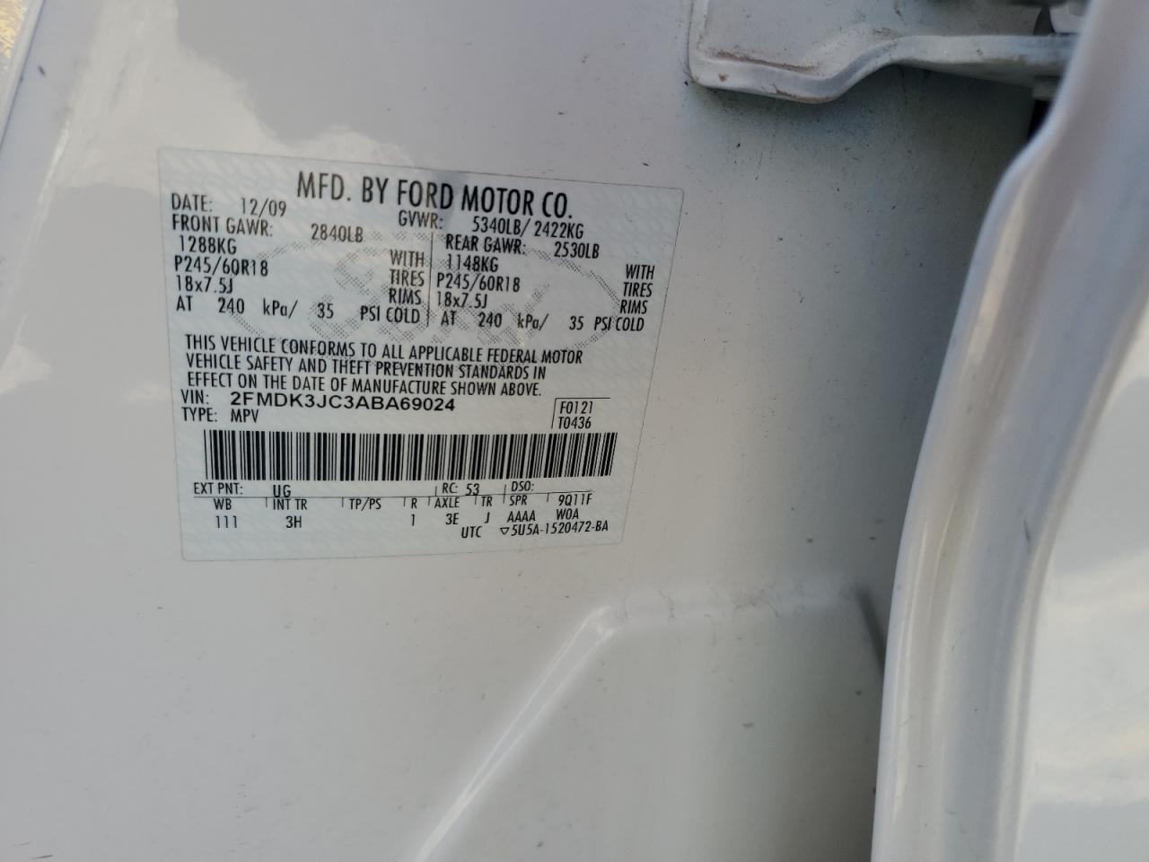 2010 Ford Edge Sel VIN: 2FMDK3JC3ABA69024 Lot: 84143024