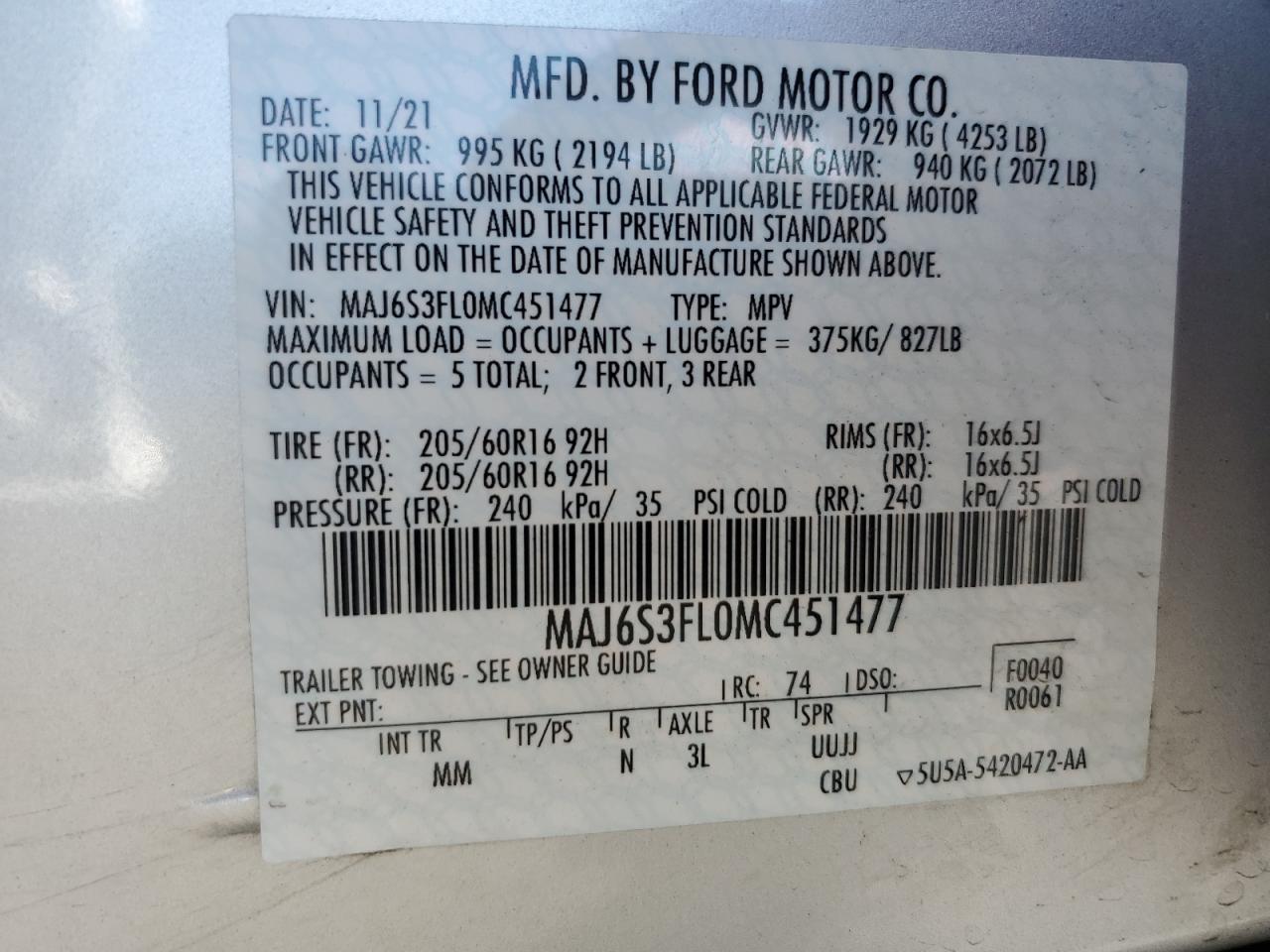 MAJ6S3FL0MC451477 2021 Ford Ecosport S