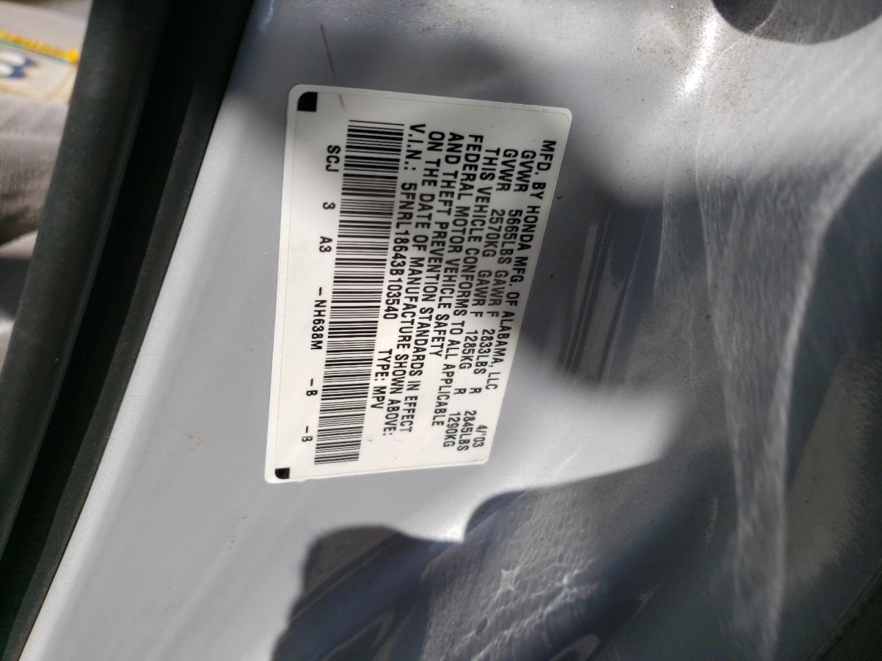 5FNRL18643B103540 2003 Honda Odyssey Ex