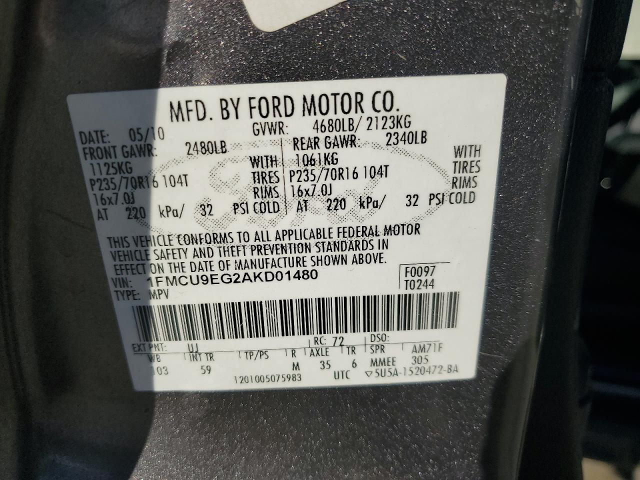 2010 Ford Escape Limited VIN: 1FMCU9EG2AKD01480 Lot: 73183274