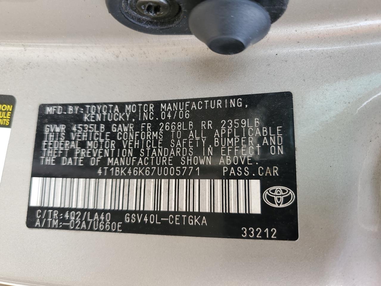 2007 Toyota Camry Le VIN: 4T1BK46K67U005771 Lot: 94859025