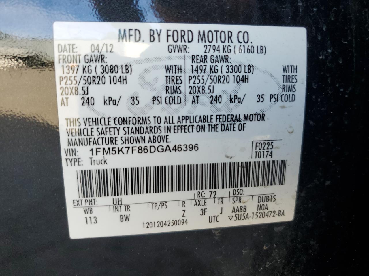 2013 Ford Explorer Limited VIN: 1FM5K7F86DGA46396 Lot: 71092484