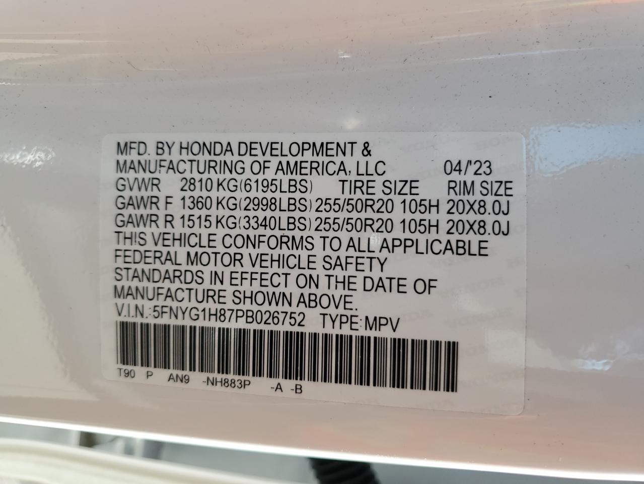 2023 Honda Pilot Elite VIN: 5FNYG1H87PB026752 Lot: 70192194