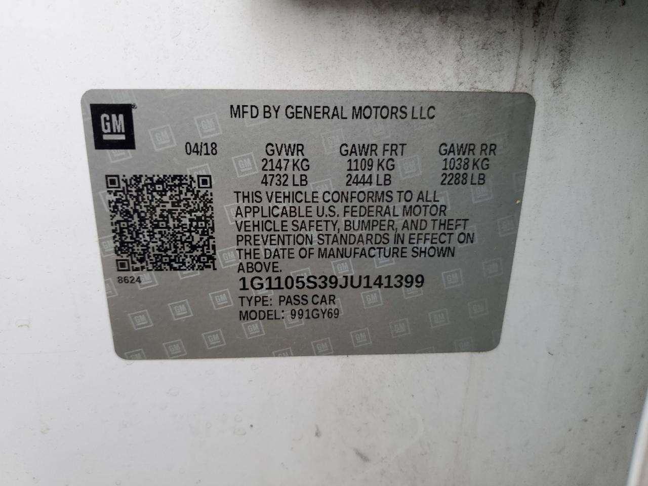 1G1105S39JU141399 2018 Chevrolet Impala Lt