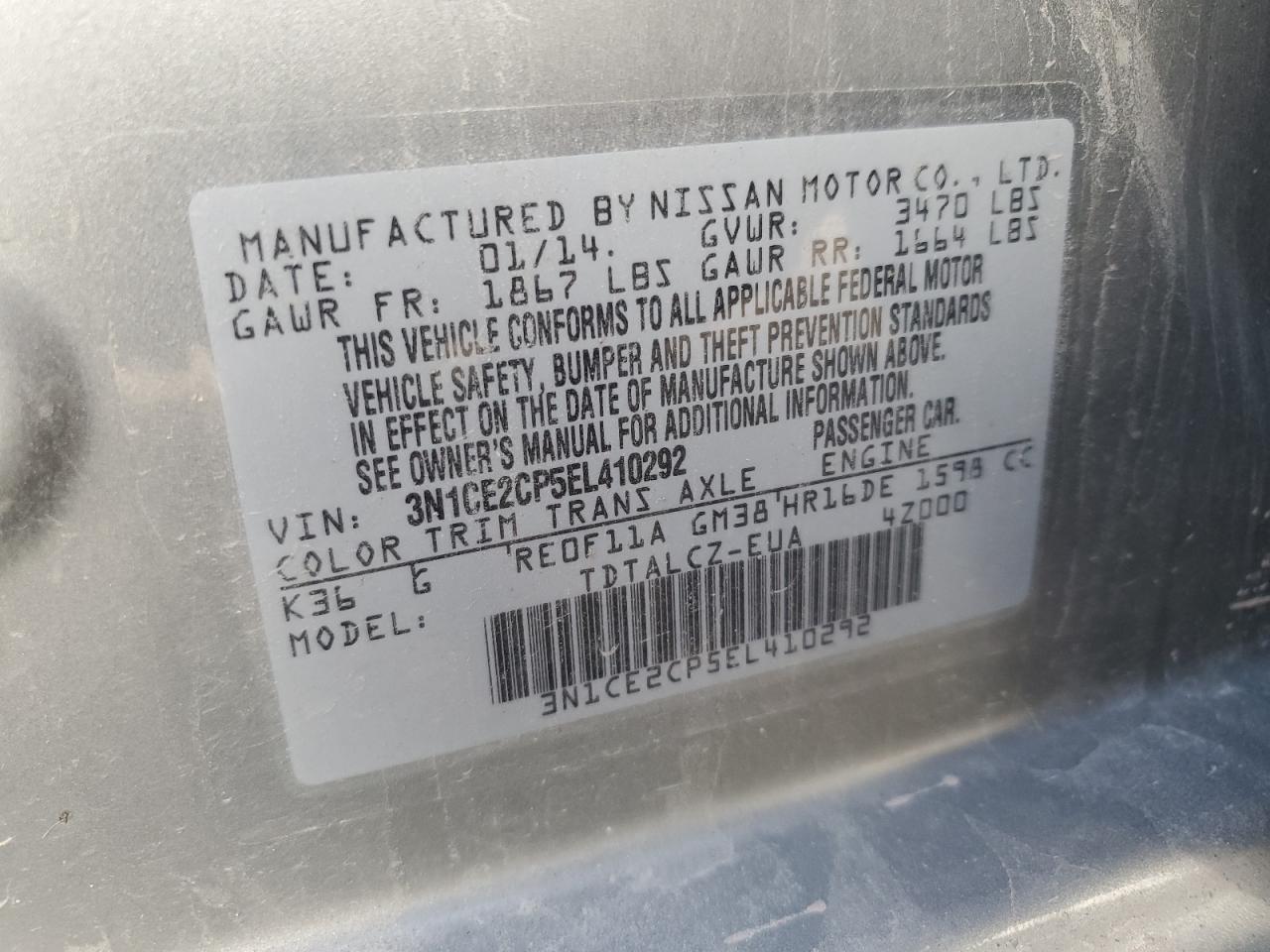 3N1CE2CP5EL410292 2014 Nissan Versa Note S