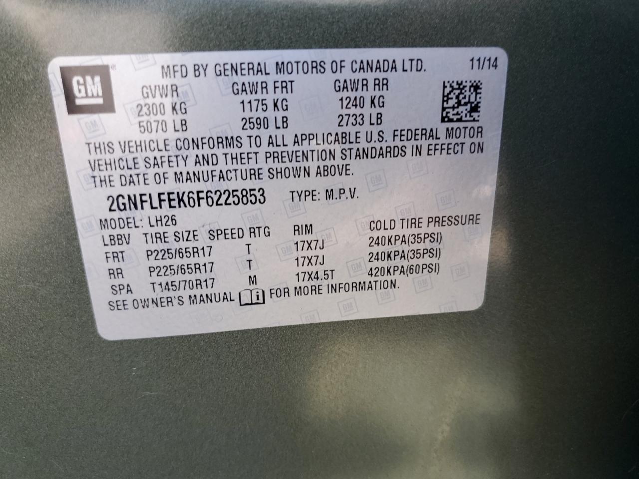 2GNFLFEK6F6225853 2015 Chevrolet Equinox Lt