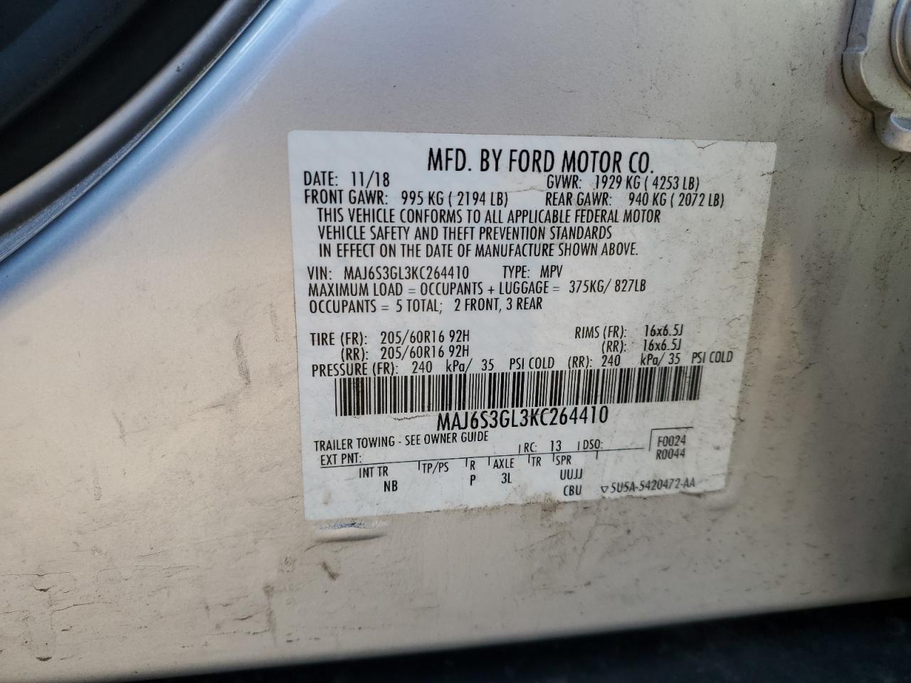 MAJ6S3GL3KC264410 2019 Ford Ecosport Se