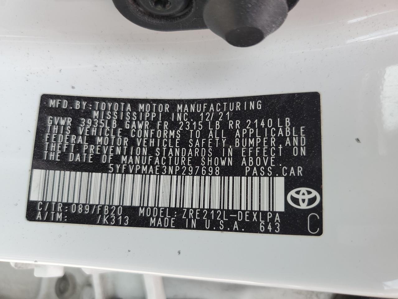 5YFVPMAE3NP297698 2022 Toyota Corolla Le