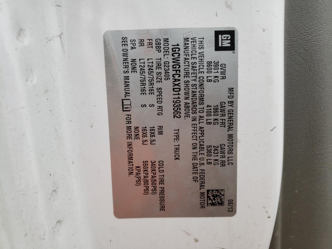 2013 Chevrolet Express G2500 VIN: 1GCWGFCAXD1193562 Lot: 73147004