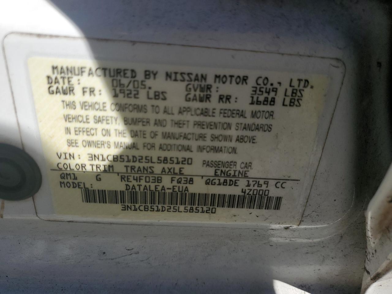 2005 Nissan Sentra 1.8 VIN: 3N1CB51D25L585120 Lot: 73521054