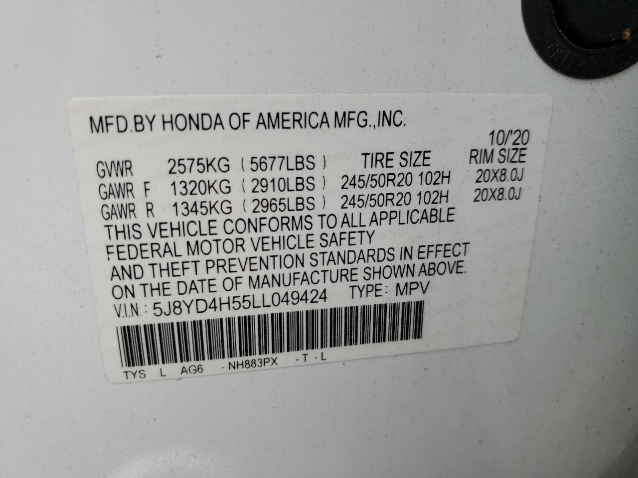 5J8YD4H55LL049424 2020 Acura Mdx Technology