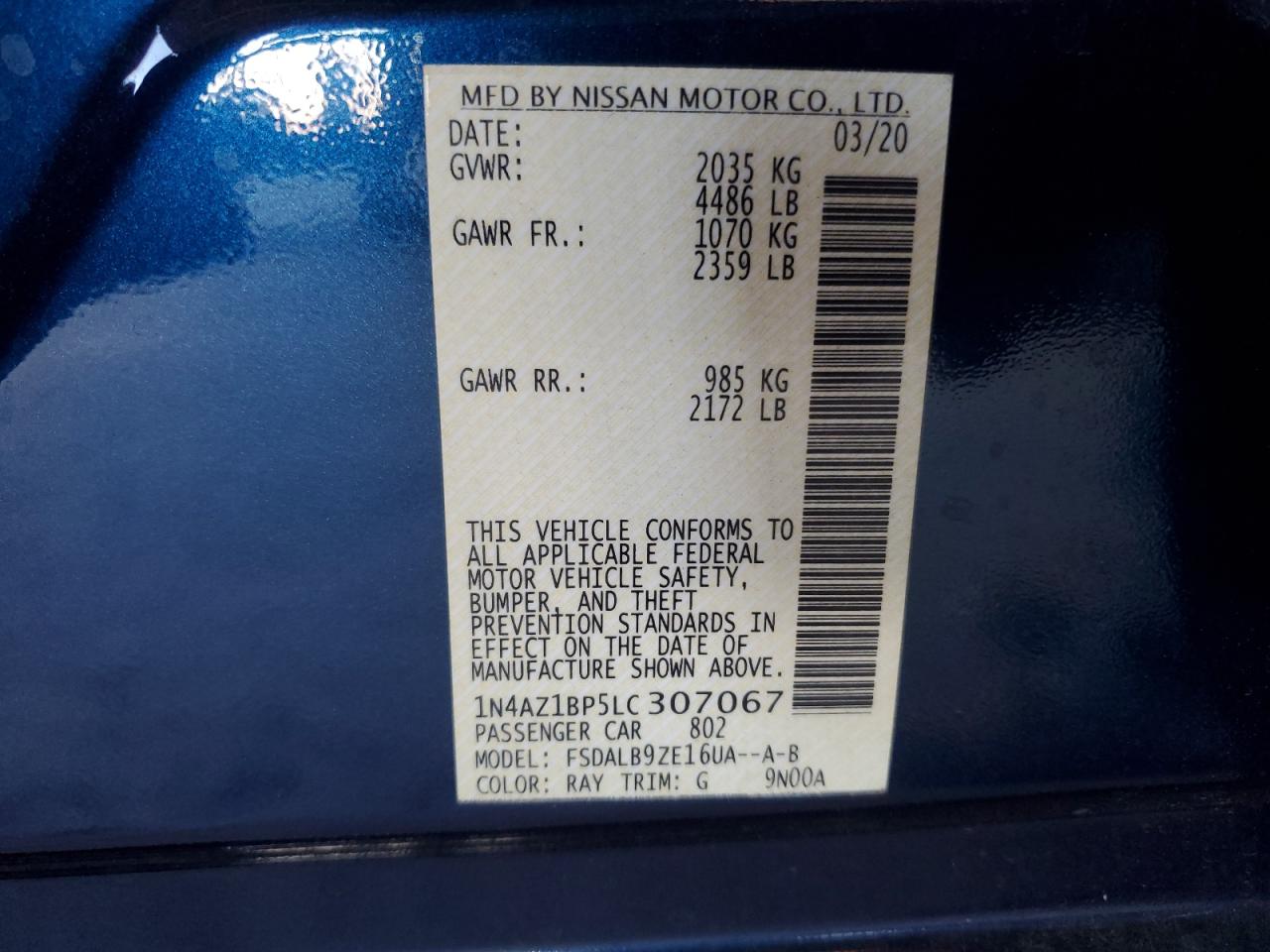 1N4AZ1BP5LC307067 2020 Nissan Leaf S