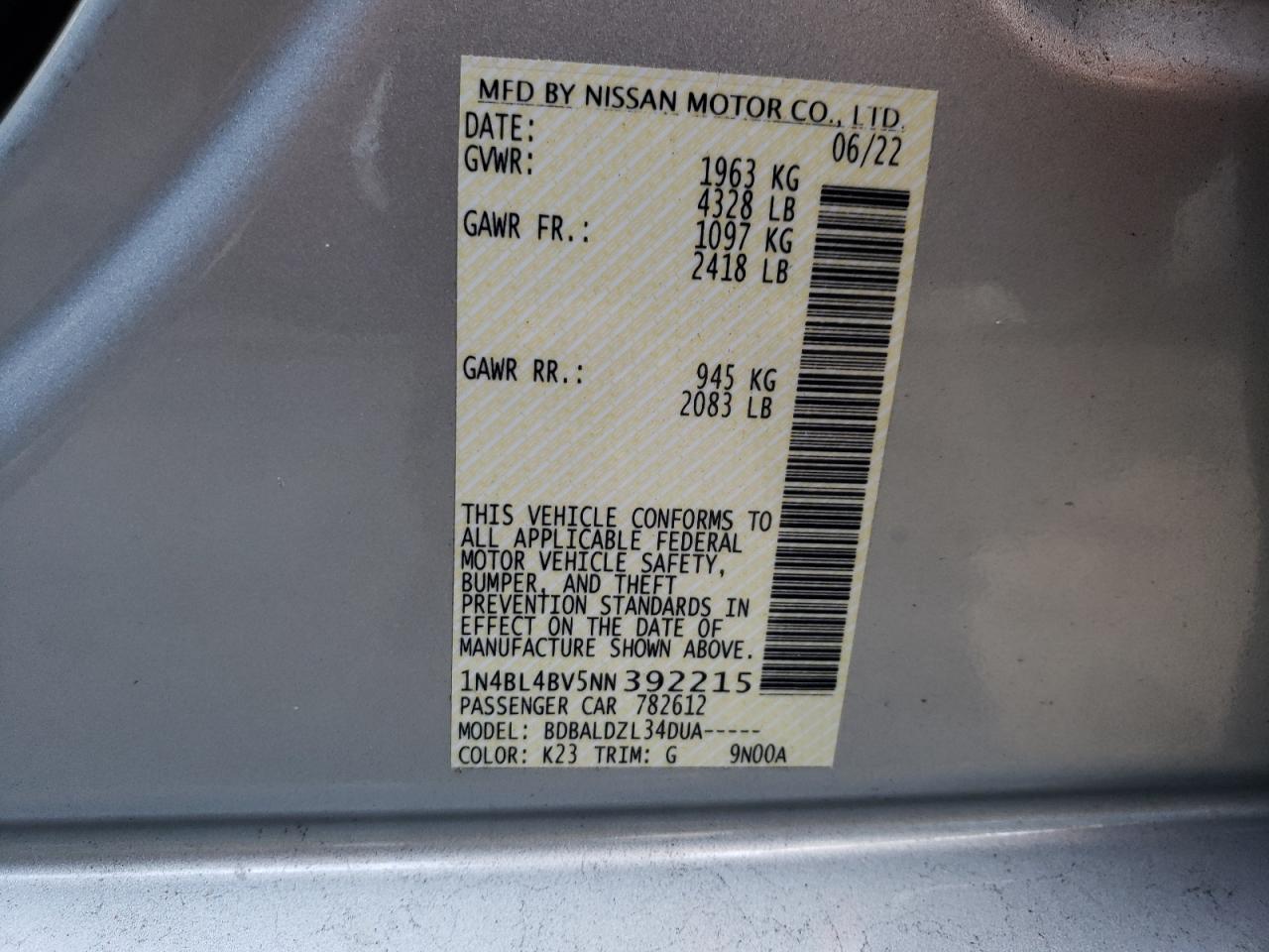 1N4BL4BV5NN392215 2022 Nissan Altima S