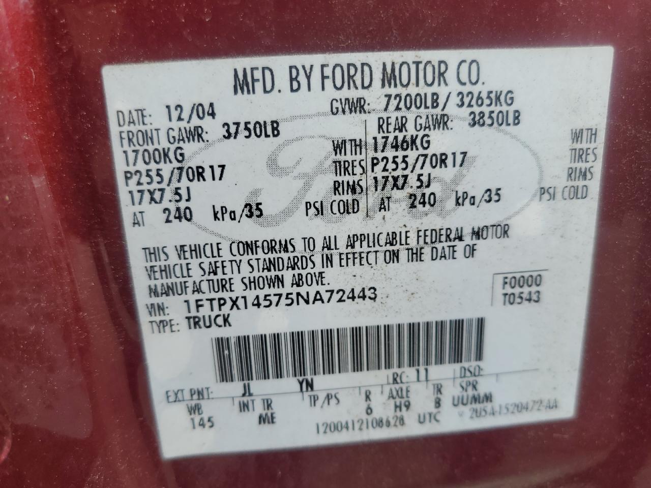 1FTPX14575NA72443 2005 Ford F150