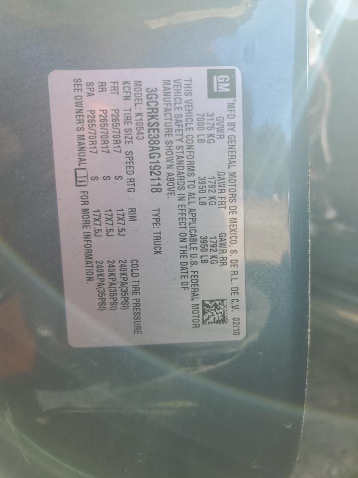 2010 Chevrolet Silverado K1500 Lt VIN: 3GCRKSE38AG192118 Lot: 73233464