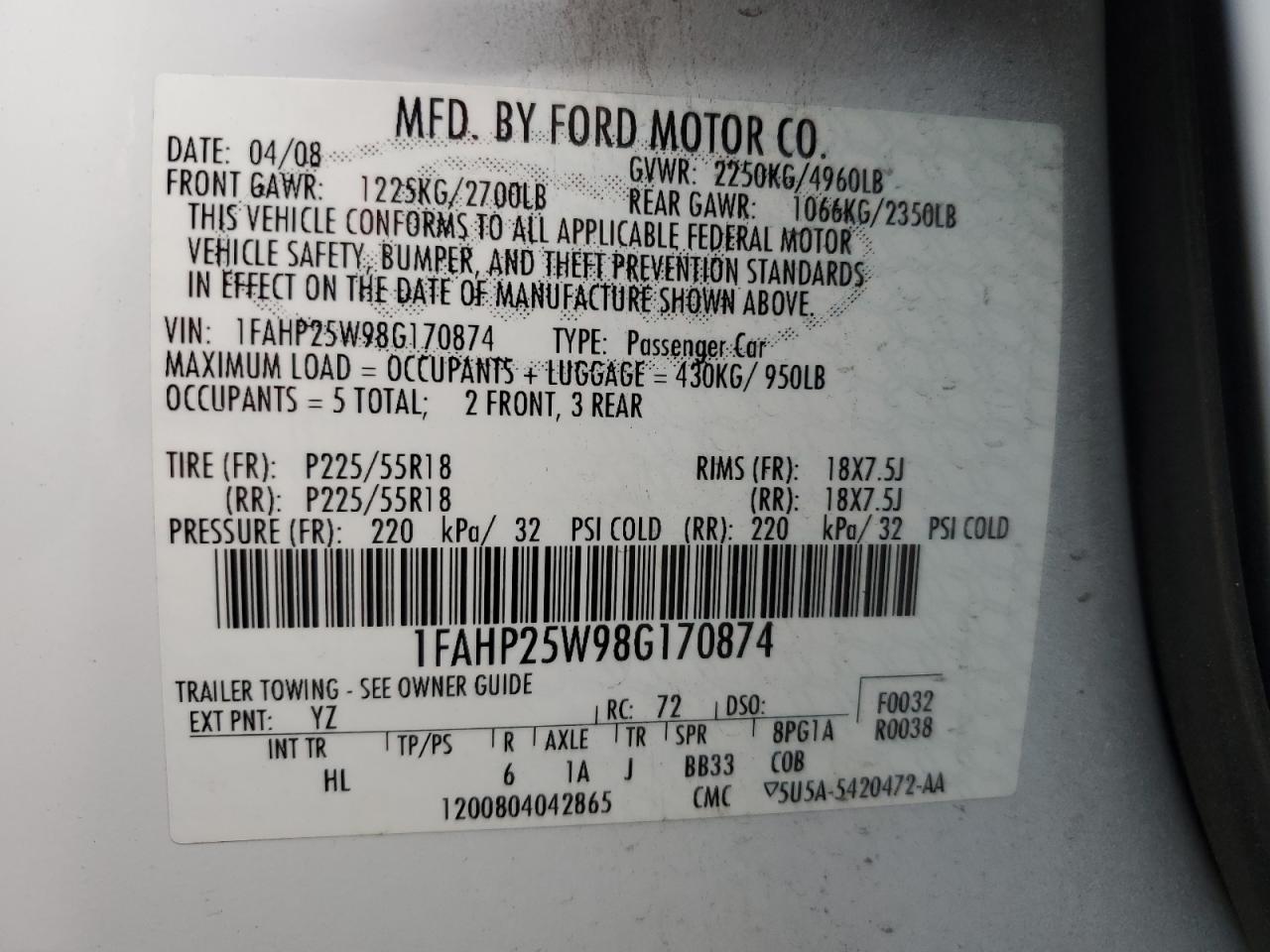 1FAHP25W98G170874 2008 Ford Taurus Limited