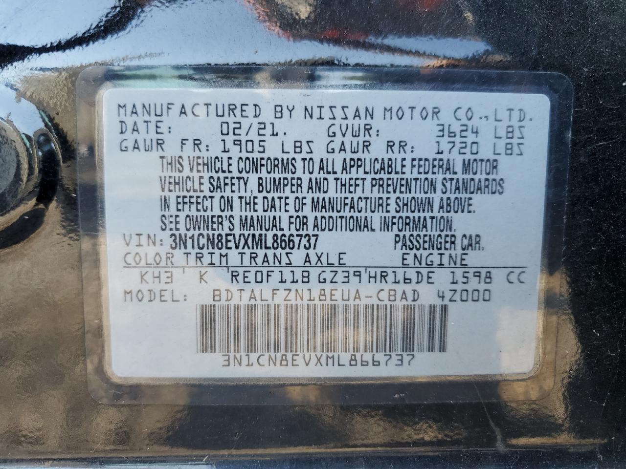 2021 Nissan Versa Sv VIN: 3N1CN8EVXML866737 Lot: 69579164