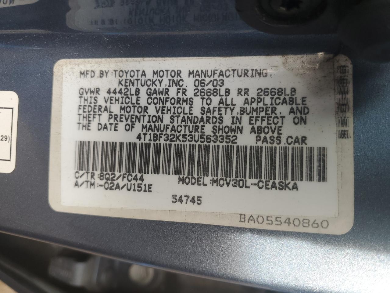 4T1BF32K53U563352 2003 Toyota Camry Le