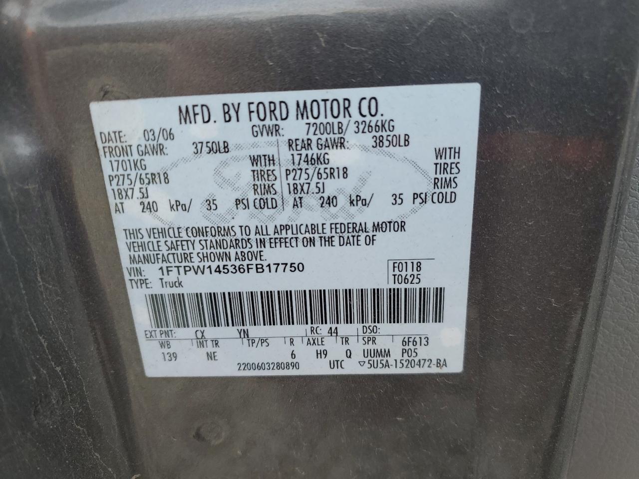 1FTPW14536FB17750 2006 Ford F150 Supercrew