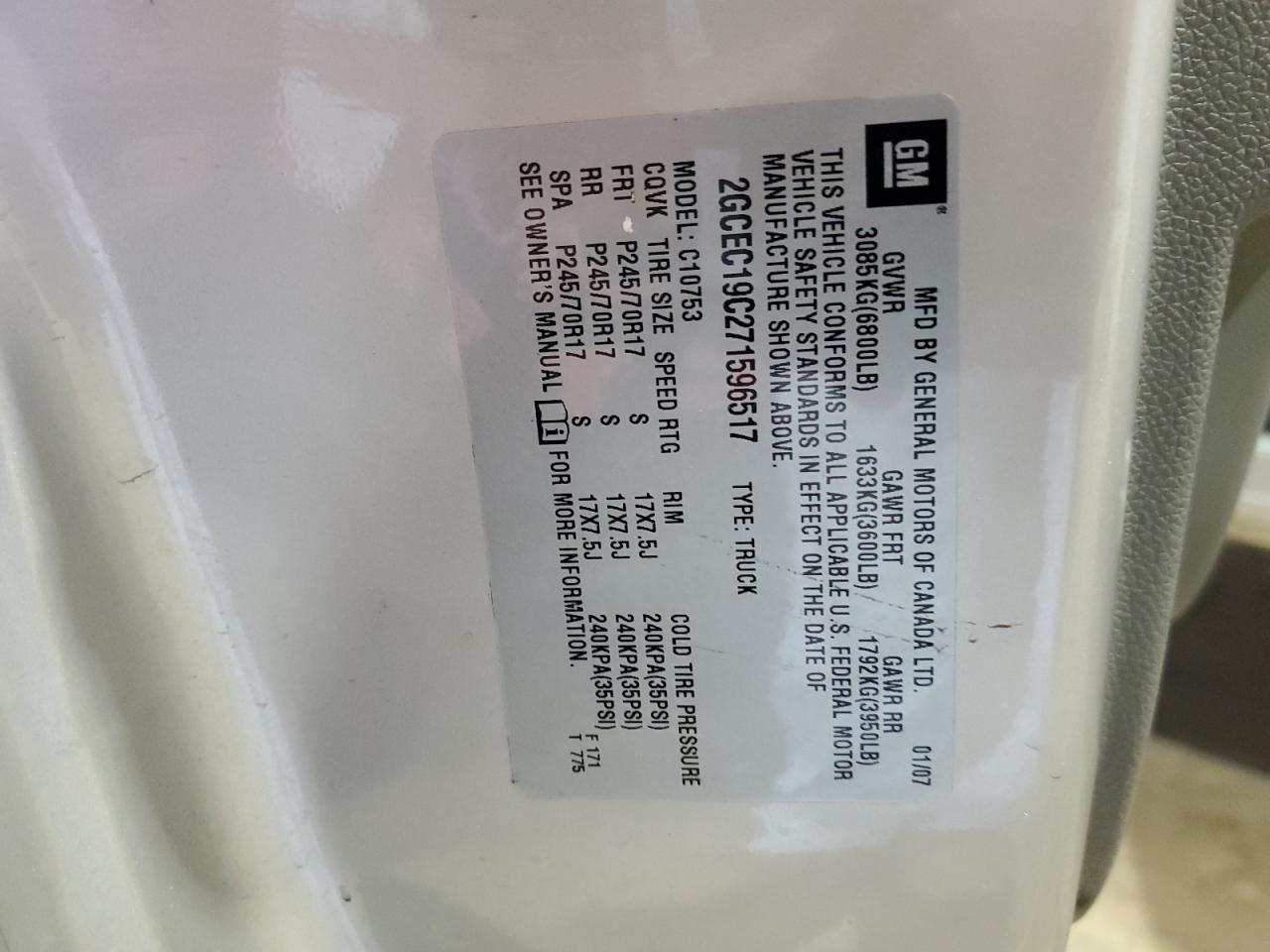 2007 Chevrolet Silverado C1500 VIN: 2GCEC19C271596517 Lot: 69885734