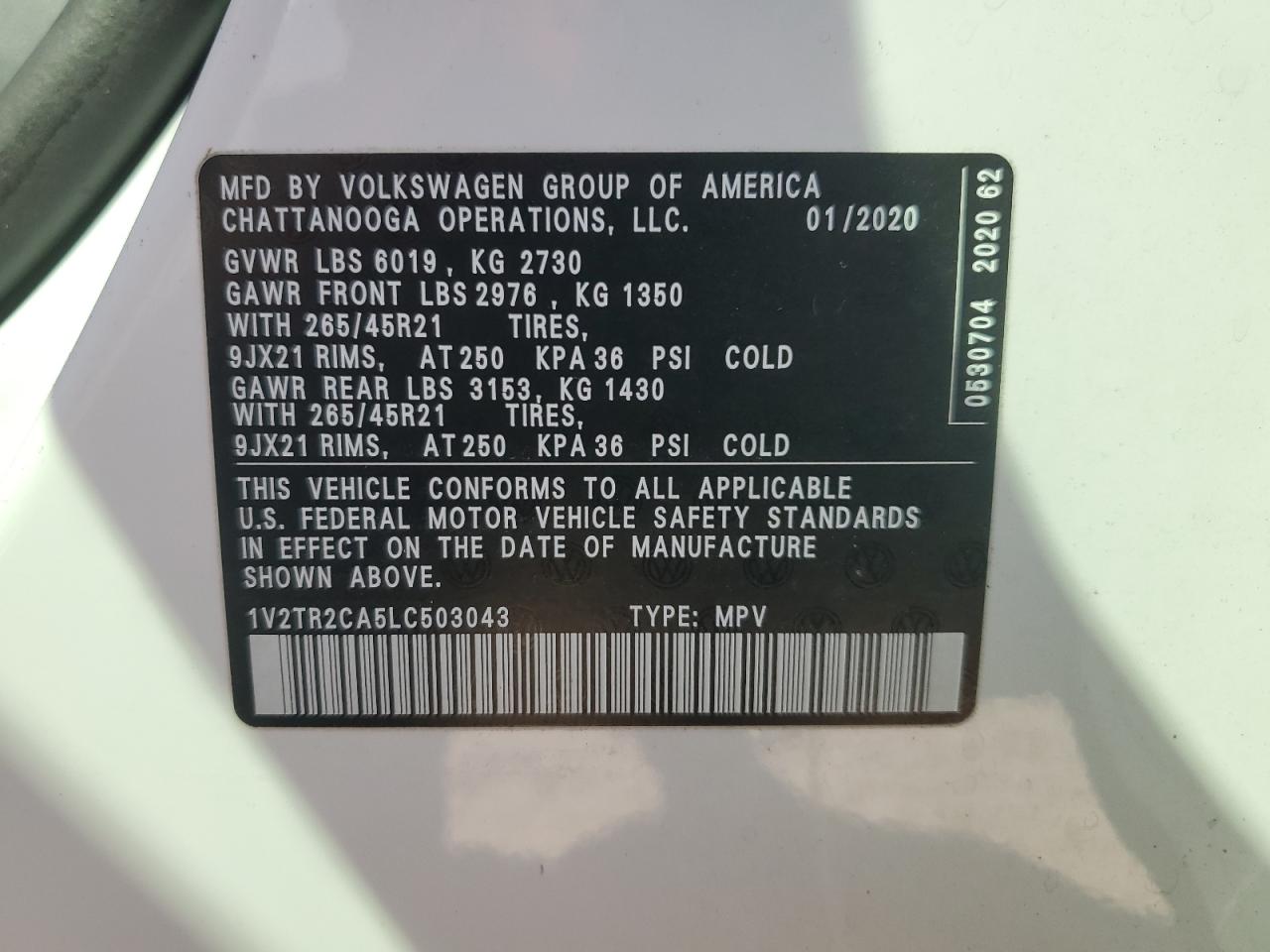 2020 Volkswagen Atlas Sel Premium VIN: 1V2TR2CA5LC503043 Lot: 73846214