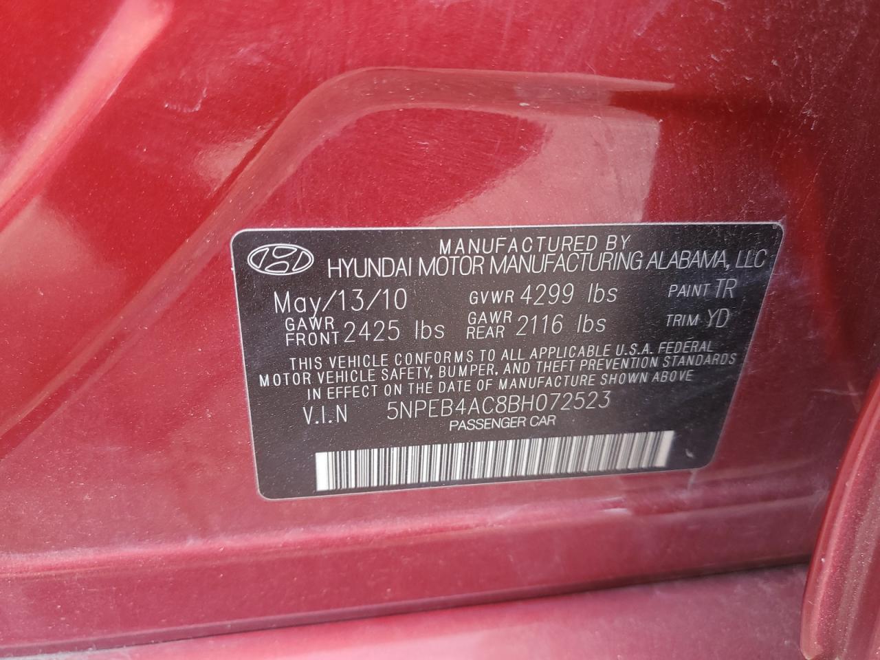 5NPEB4AC8BH072523 2011 Hyundai Sonata Gls