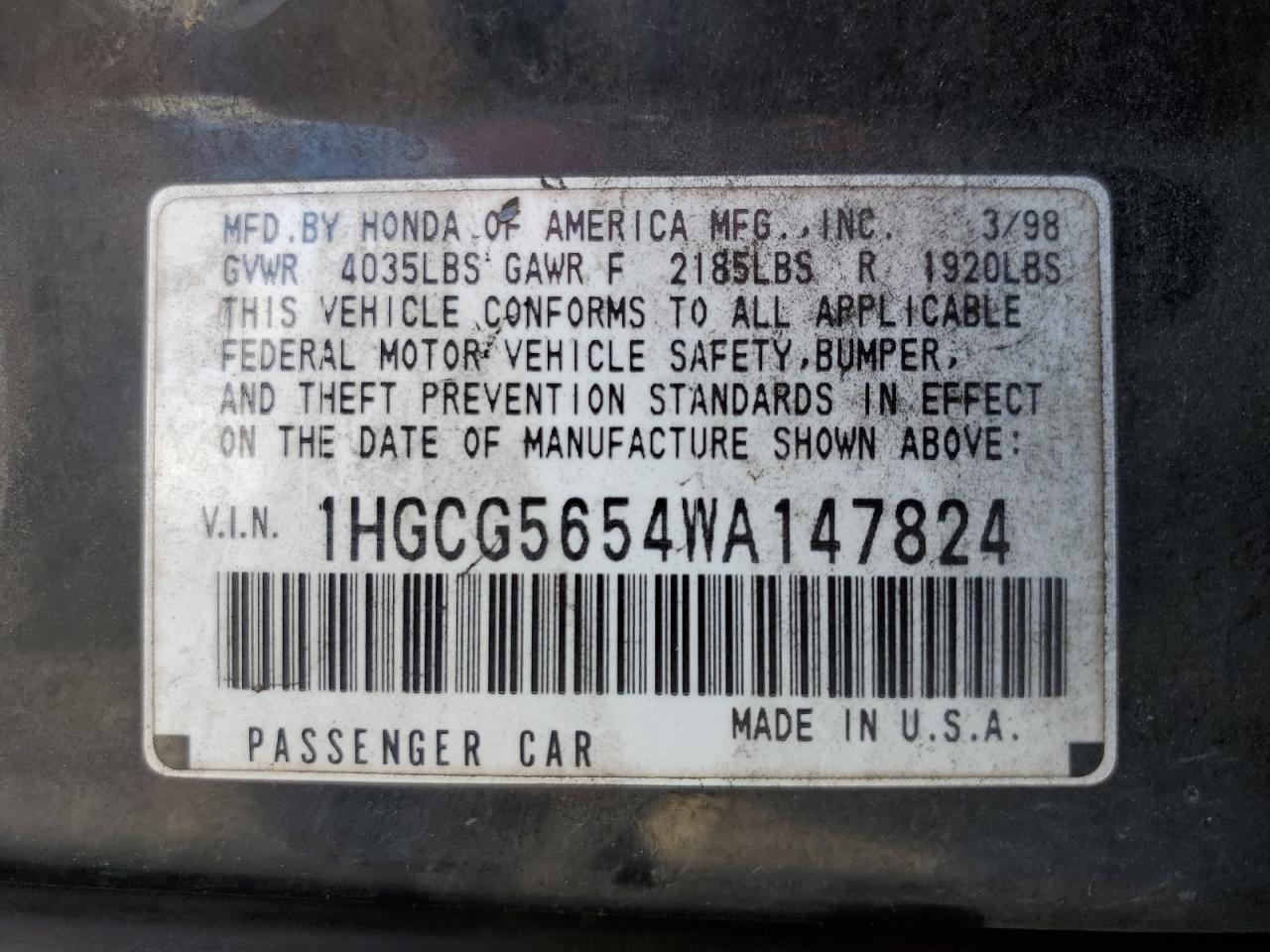 1HGCG5654WA147824 1998 Honda Accord Ex