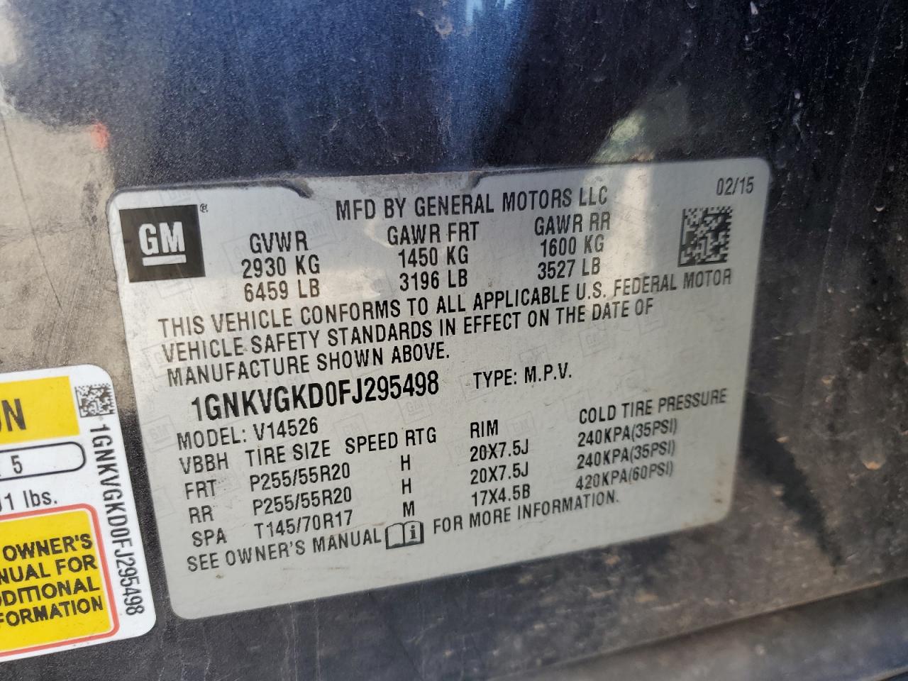 1GNKVGKD0FJ295498 2015 Chevrolet Traverse Lt