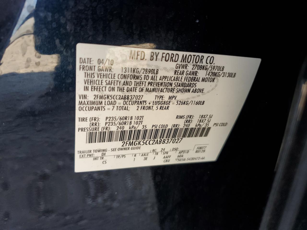 2FMGK5CC2ABB37027 2010 Ford Flex Sel