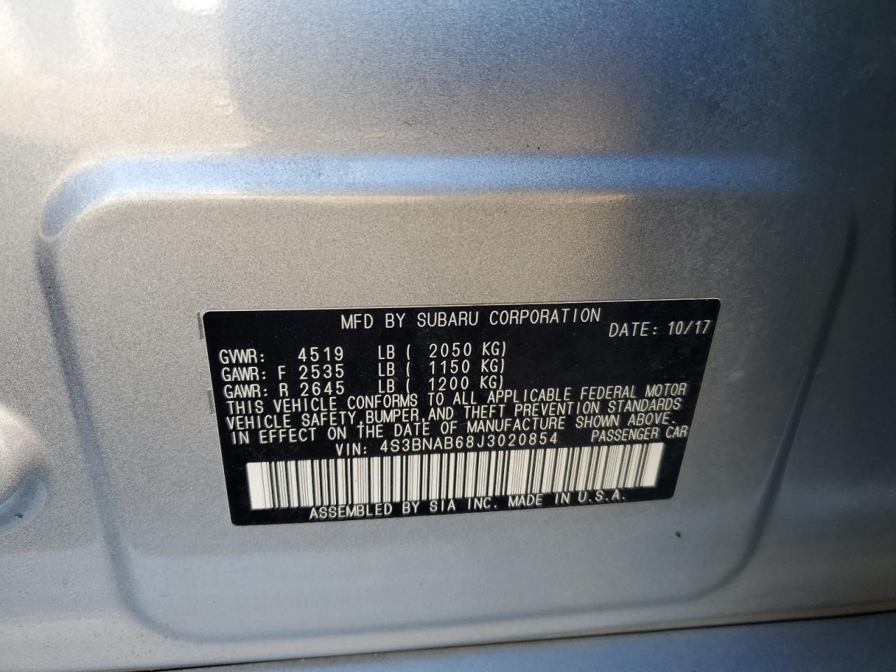 4S3BNAB68J3020854 2018 Subaru Legacy 2.5I