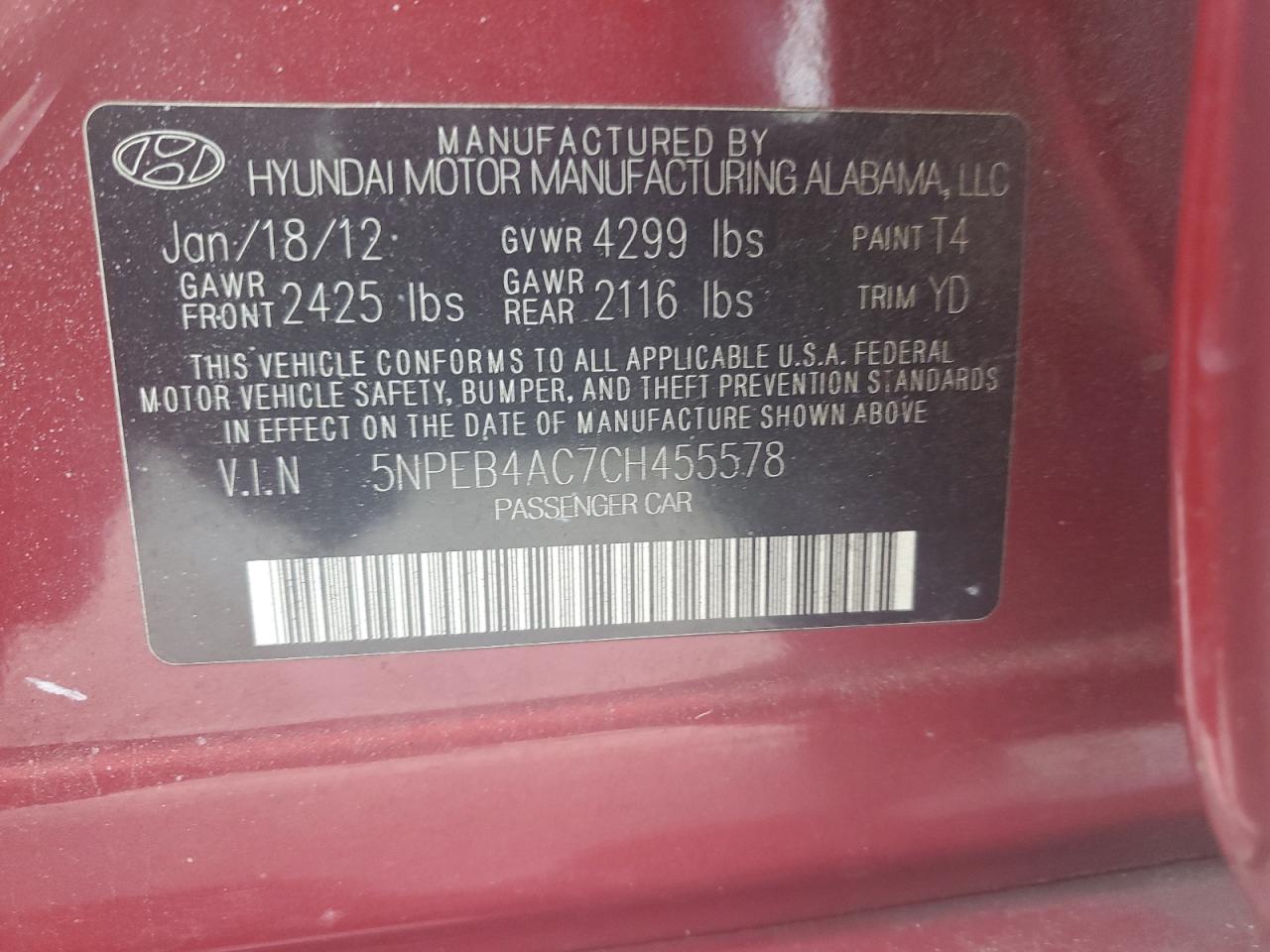 5NPEB4AC7CH455578 2012 Hyundai Sonata Gls