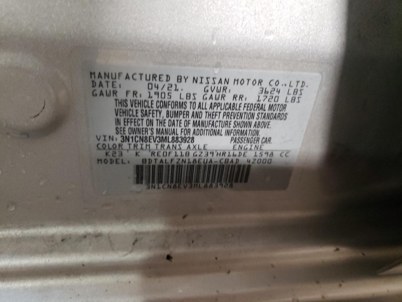 3N1CN8EV3ML883928 2021 Nissan Versa Sv