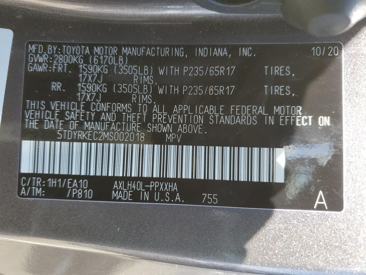 5TDYRKEC2MS002018 2021 Toyota Sienna Xle