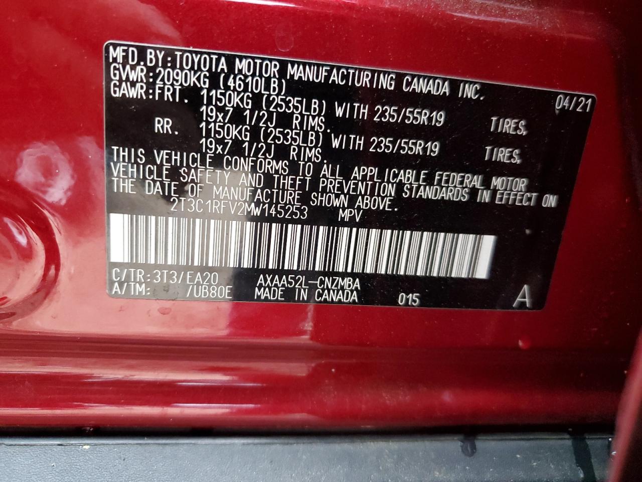 2T3C1RFV2MW145253 2021 Toyota Rav4 Xle Premium