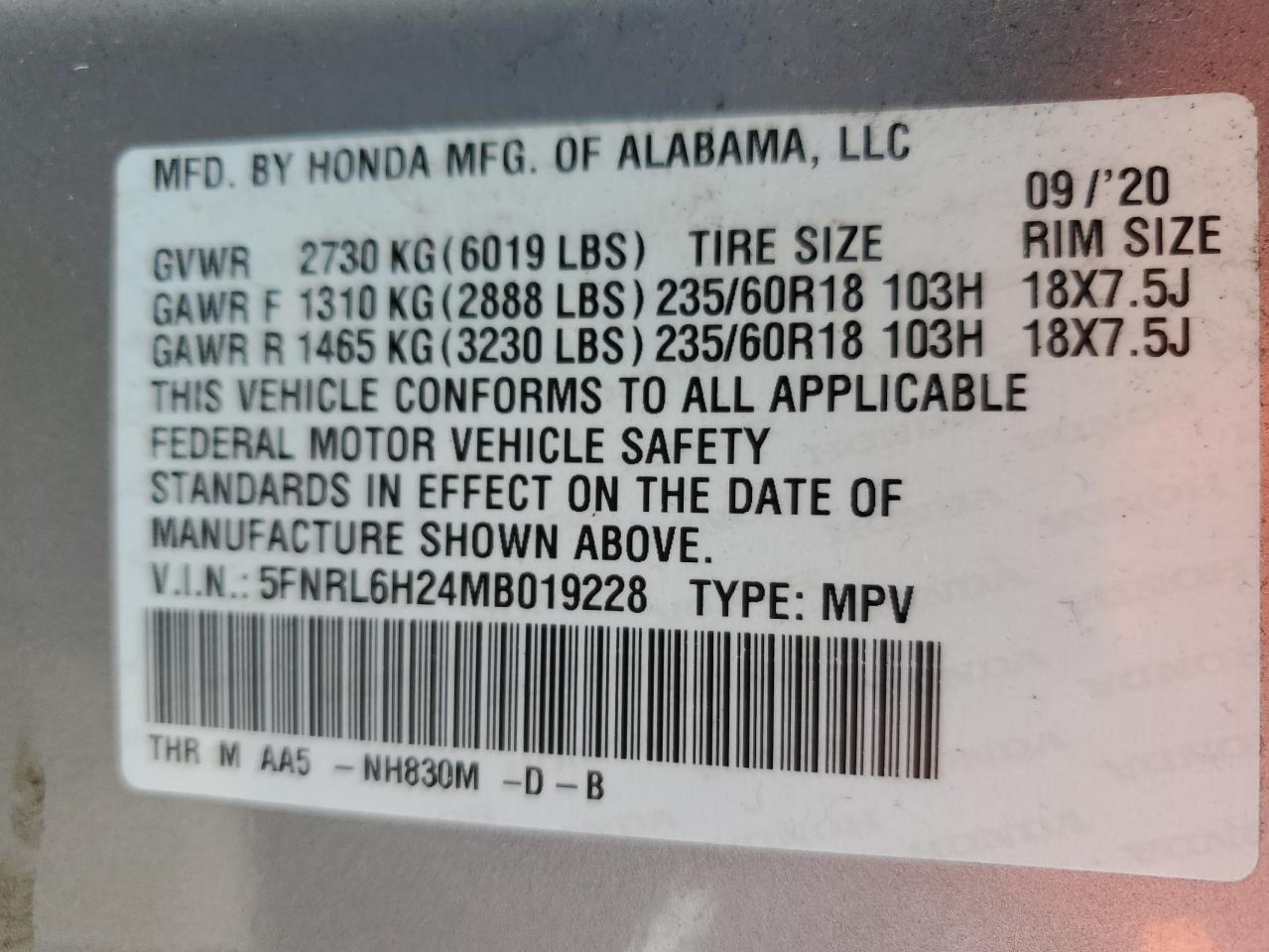 5FNRL6H24MB019228 2021 Honda Odyssey Lx