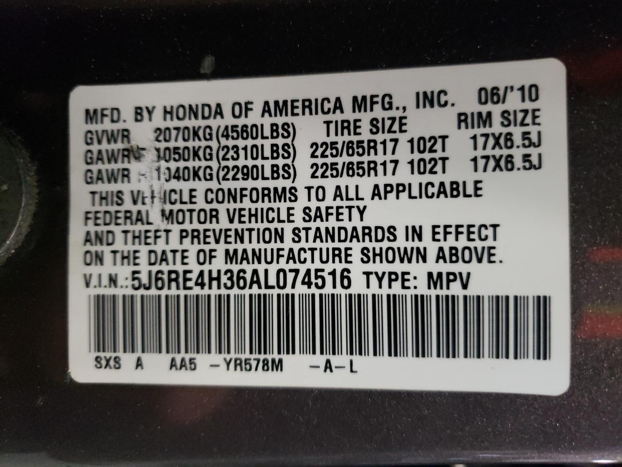 2010 Honda Cr-V Lx VIN: 5J6RE4H36AL074516 Lot: 72504734