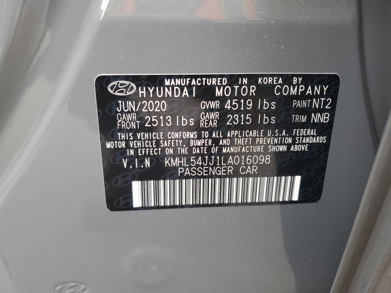 2020 Hyundai Sonata Hybrid VIN: KMHL54JJ1LA016098 Lot: 73276294